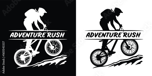 Mountain biker silhouette performing a jump with text adventure rush, graphic illustration in black and white, isolated on white background