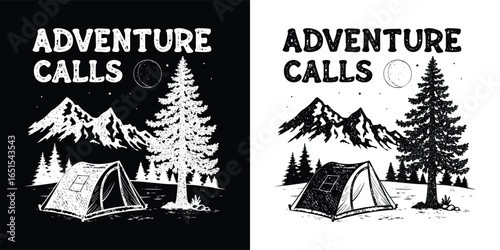 Adventure calls with a tent and pine tree set against mountains, presented in both black and white versions for versatile design use