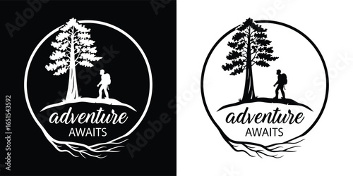Adventure awaits, silhouette of a hiker standing near a pine tree in a circle, symbolizing exploration and outdoor activities