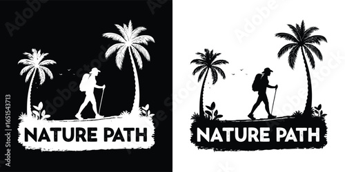 Nature path hiking scene with a person trekking through a tropical forest with palm trees, presented in a graphic silhouette style for outdoor adventure