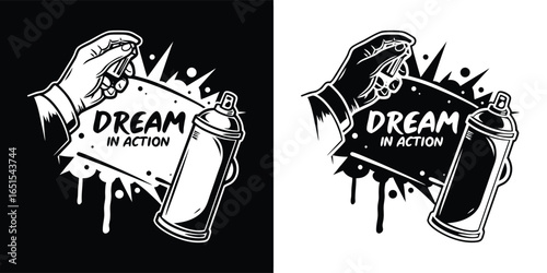 Dream in action graffiti art with spray paint can and hand, motivational concept for creativity and success