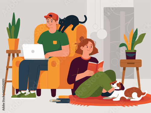 Illustration of couple relaxing at home with pets reading working from home lifestyle art vector