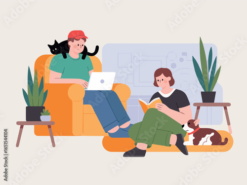 Illustration of people relaxing at home with pets reading working on laptop lifestyle art vector