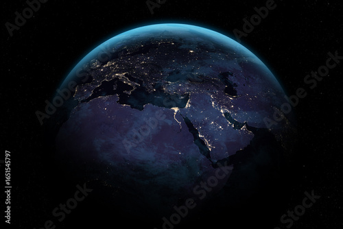 Fototapeta Naklejka Na Ścianę i Meble -  Planet Earth At Night. Africa, Europe, Asia at night viewed from space with city lights. Italy, Germany, Italy, France, Turkey, Egypt, Israel, Gaza, Saudi Arabia.