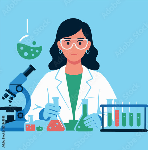 Illustration of a female scientist in lab coat performing chemistry research experiment in laboratory vector