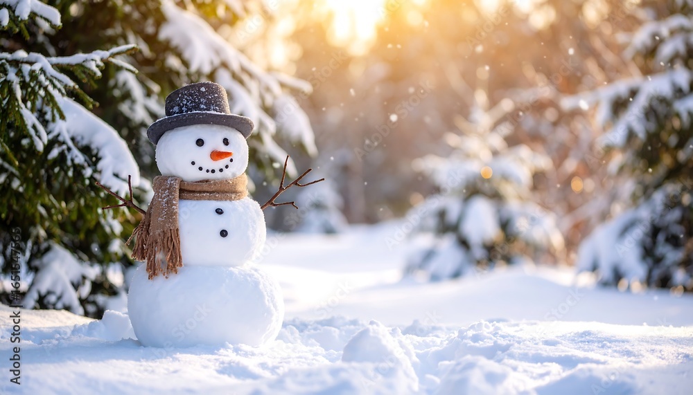 Obraz premium Snowman winter forest snowfall scene.