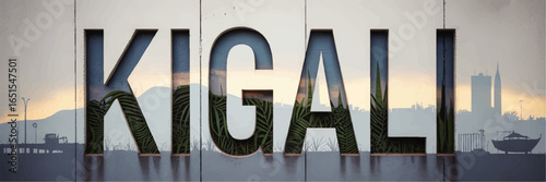 Kigali Rwanda Skyline Silhouette with Tropical Leaves and Modern City Text Art, Sunset Background, Urban Nature Concept