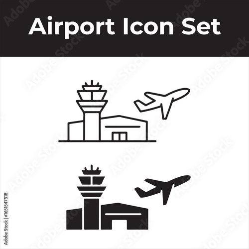 Airport icon set with control tower and airplane in outline and solid styles vector