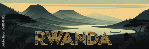 Rwanda landscape illustration with mountains, lake, gorillas, and acacia trees at sunset, African travel and nature background