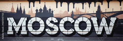 Moscow street art mural with city skyline, urban graffiti lettering, modern Russian architecture, and cityscape wall painting