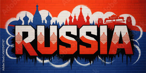 Russia Graffiti Mural on Brick Wall with Flag Colors and Famous Moscow Skyline, Urban Street Art Vector Illustration