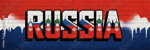 Russia Graffiti Art on Brick Wall with Russian Flag Colors, Red Square Cathedral Illustration, Urban Street Style Vector