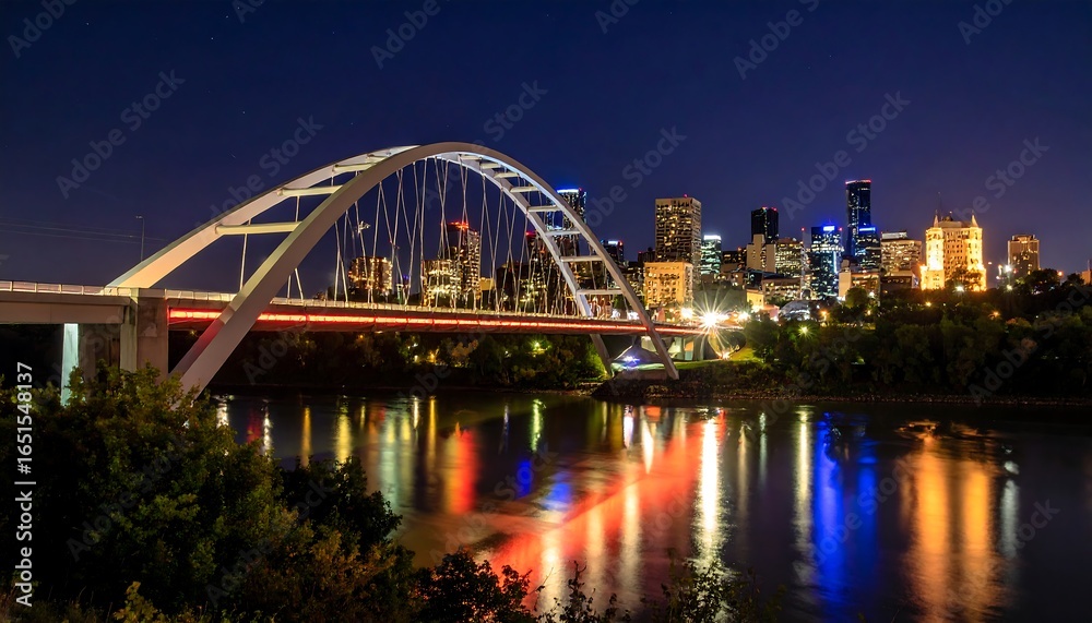Fototapeta premium Illuminated city skyline reflected in a tranquil river at night.