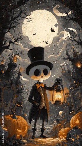 Whimsical skeleton gentleman lantern halloween night