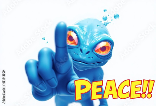 ET azul apontando para tela, paz.