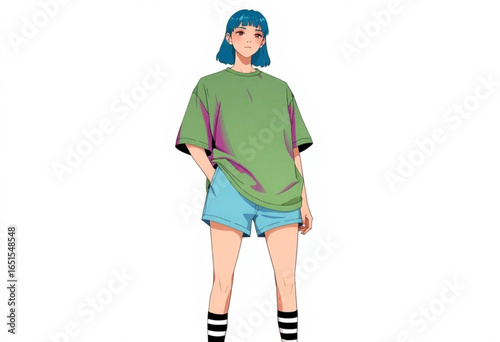 Garota com cabelo azul de camiseta larga verde com a mão no bolso do short.