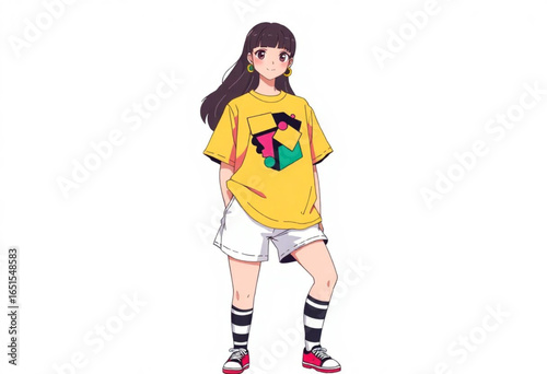 Jovem de camiseta amarela e short branco. Moda 90s.