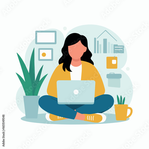 Illustration of woman working on laptop at home office freelance job remote work lifestyle design vector