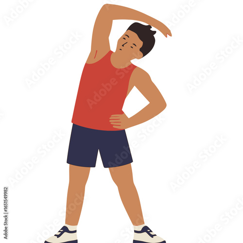 Man stretching exercise in flat style with athletic outfit