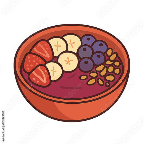 Colorful acai bowl with fresh fruit in cartoon style