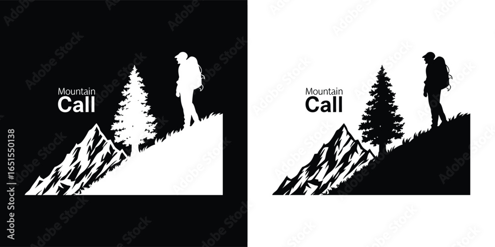 Naklejka premium A silhouette of a hiker ascending a mountain slope with a pine tree, representing the call of adventure and exploration in nature