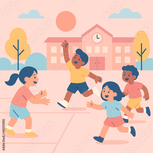 Children playing in schoolyard in pastel colors with flat design style
