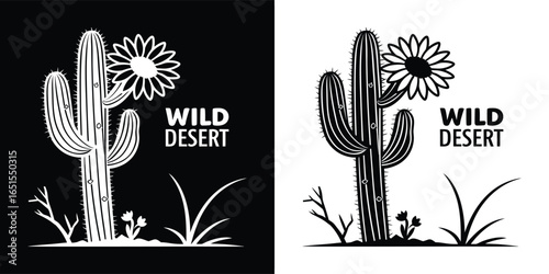 A striking black and white graphic illustration of a saguaro cactus with a flower in bloom, set against a dark background, symbolizing the wild desert