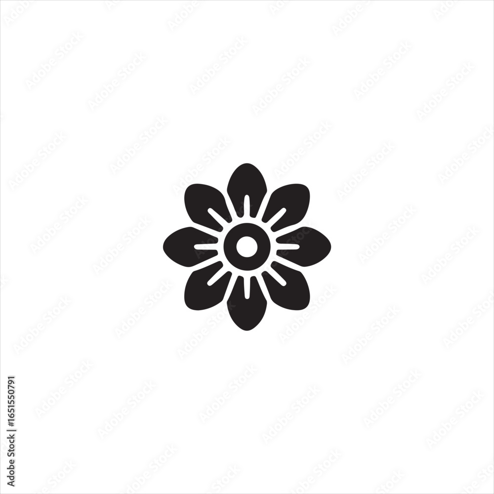 Black silhouette icon of a stylized eight-petal flower with a circular center bloom blossom Black silhouette icon of a stylized eight-petal flower with a circular center bloom blossom