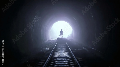 Lonely Silhouette in Dark Tunnel with Light at the End