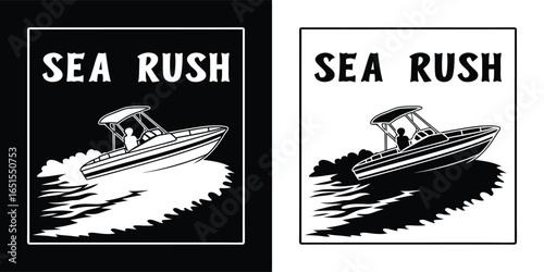 Sea rush text with a speedboat moving fast on water, black and white graphic design, representing speed and excitement