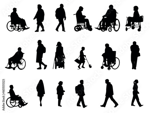 Silhouette vector art of disabled people walking and using wheelchairs for accessibility design needs
