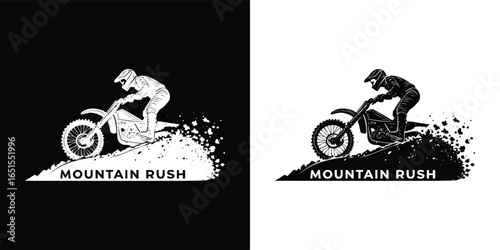 Motocross rider on a dirt bike kicking up dust and spray, dynamic action shot with text mountain rush