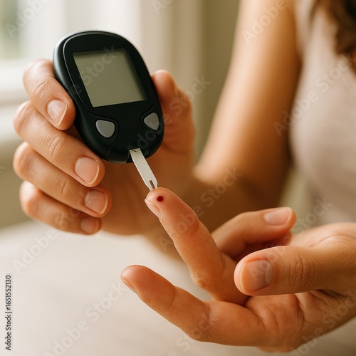 Female using glucometer for blood sugar test at home