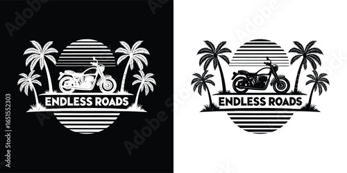 Retro motorcycle with palm trees and sunset graphic, symbolizing endless roads and freedom, presented in both black and white versions for versatile design applications