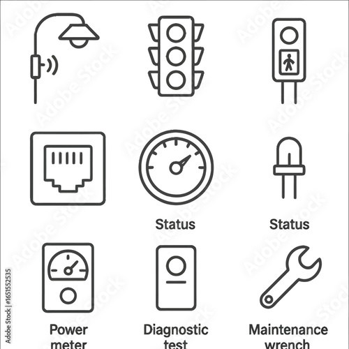 Monochrome linear technology icons featuring tools and gadgets for everyday use