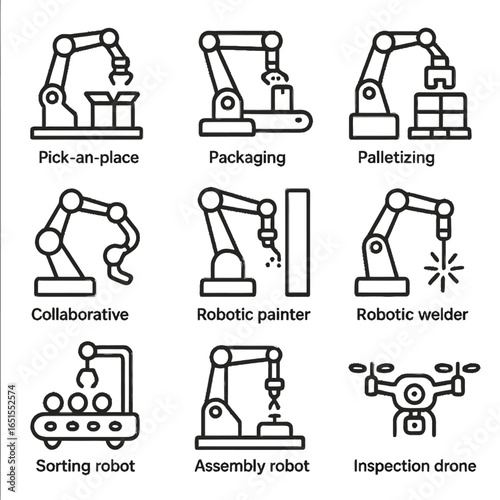 Industrial automation icons: robots in manufacturing and assembly line processes