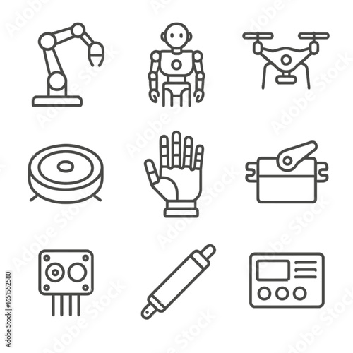 Linear icons of modern robotics and automation devices in minimal design