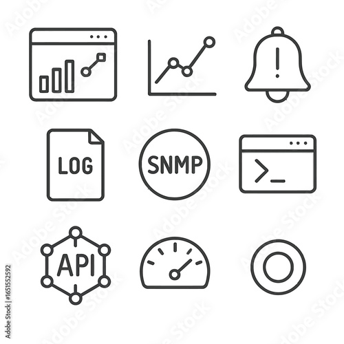 Outline icons for data and technology: graphs, alerts, and system monitoring tools