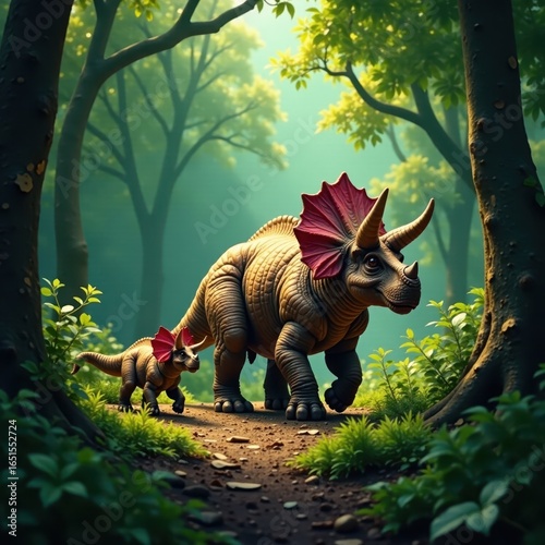 A Triceratops family ambles through dense prehistoric undergrowth , scene, ambling