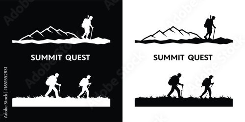 Summit quest graphic with hikers silhouetted against mountain ranges and grassy terrain, shown in both black and white versions for diverse applications