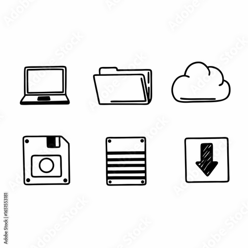 Hand drawn laptop, folder, cloud, floppy disk icons isolated on white background