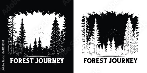 Black and white graphic illustration of a dense forest with the words forest journey, evoking a sense of adventure and exploration in nature