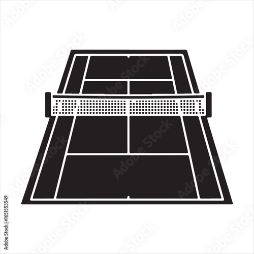 Black and white illustration of a tennis court with net and lines sport