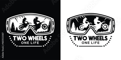Two dirt bike riders with goggles and trees, embodying the spirit of two wheels, one life adventure