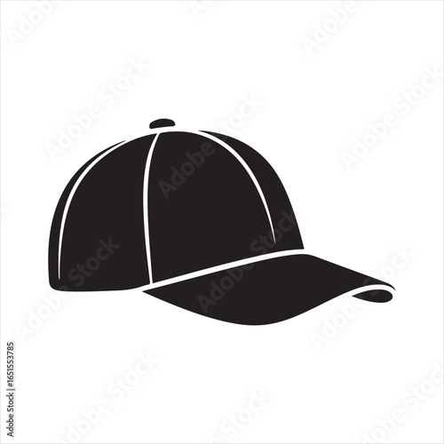 Black silhouette of a baseball cap with brim on white background sports fashion
