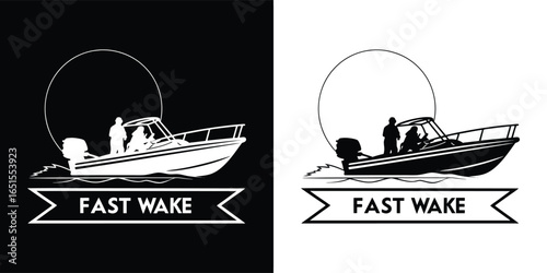 Fast wake from a motorboat creating a dynamic splash on the water, symbolizing speed and adventure, depicted in black and white for versatile graphic design