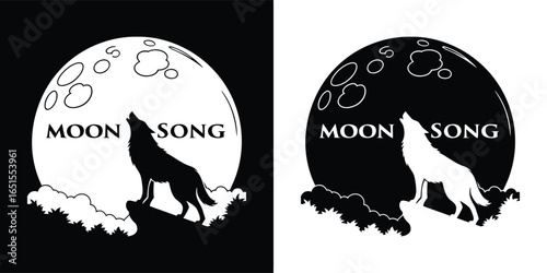 Wolf howling at the full moon, a silhouette representing a wild song or serenade under the night sky, symbolizing nature and freedom