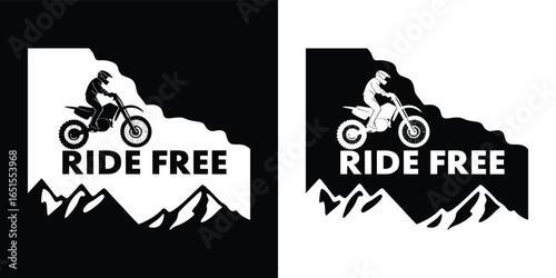 Ride free silhouette of a motocross rider on a dirt bike, conveying speed, action, and the thrill of adventure in a mountainous landscape