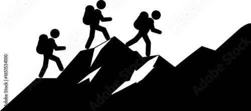 Three hikers ascend a mountain peak hiking mountain climbing
