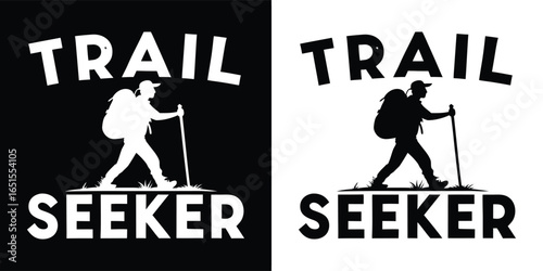 Silhouette of a hiker with a backpack and walking stick on a trail, labeled trail seeker, representing adventure and the pursuit of discovery